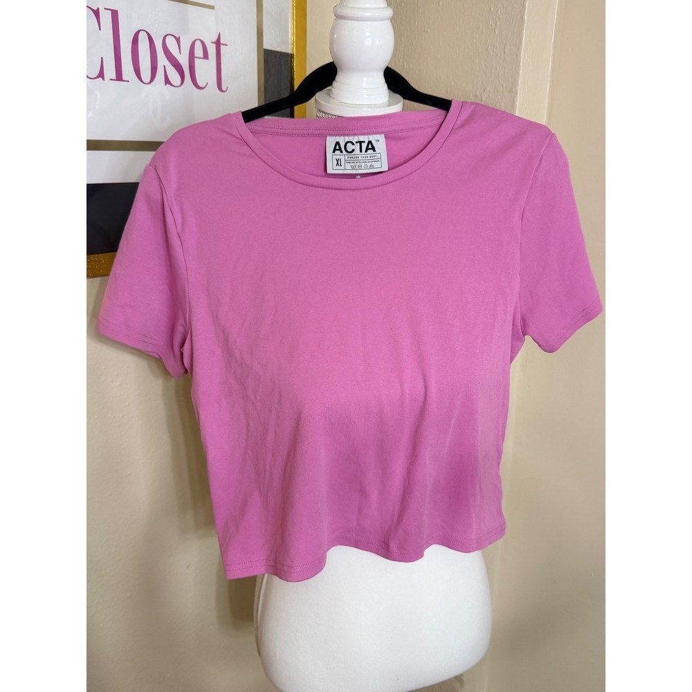 ACTA Wear Pink Short Sleeve Crop Top Activewear Crew Neck XL